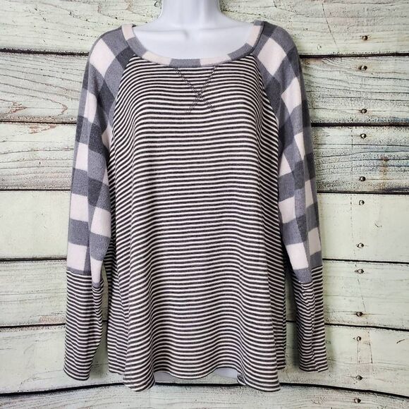Moa Moa Woman Gray Striped Plaid Sleeve Top Long Sleeve Pullover Size XL - Picture 1 of 7